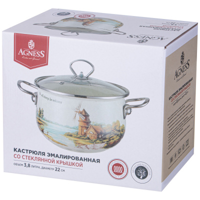 943-068 Кастрюля AGNESS "FAMILY HOUSE" 3,8л эмалированная со стеклянной крышкой
