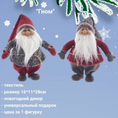 808539 Фигурка новогодняя набивная 16*11*28см, декор "Гном", микс, цена за 1 штуку