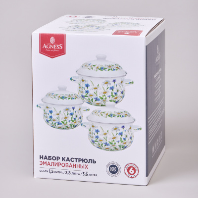 934-721 Набор эмалированных кастрюль AGNESS "SENTIMENT", 6 предметов 1,5л/2,8л/3,6л